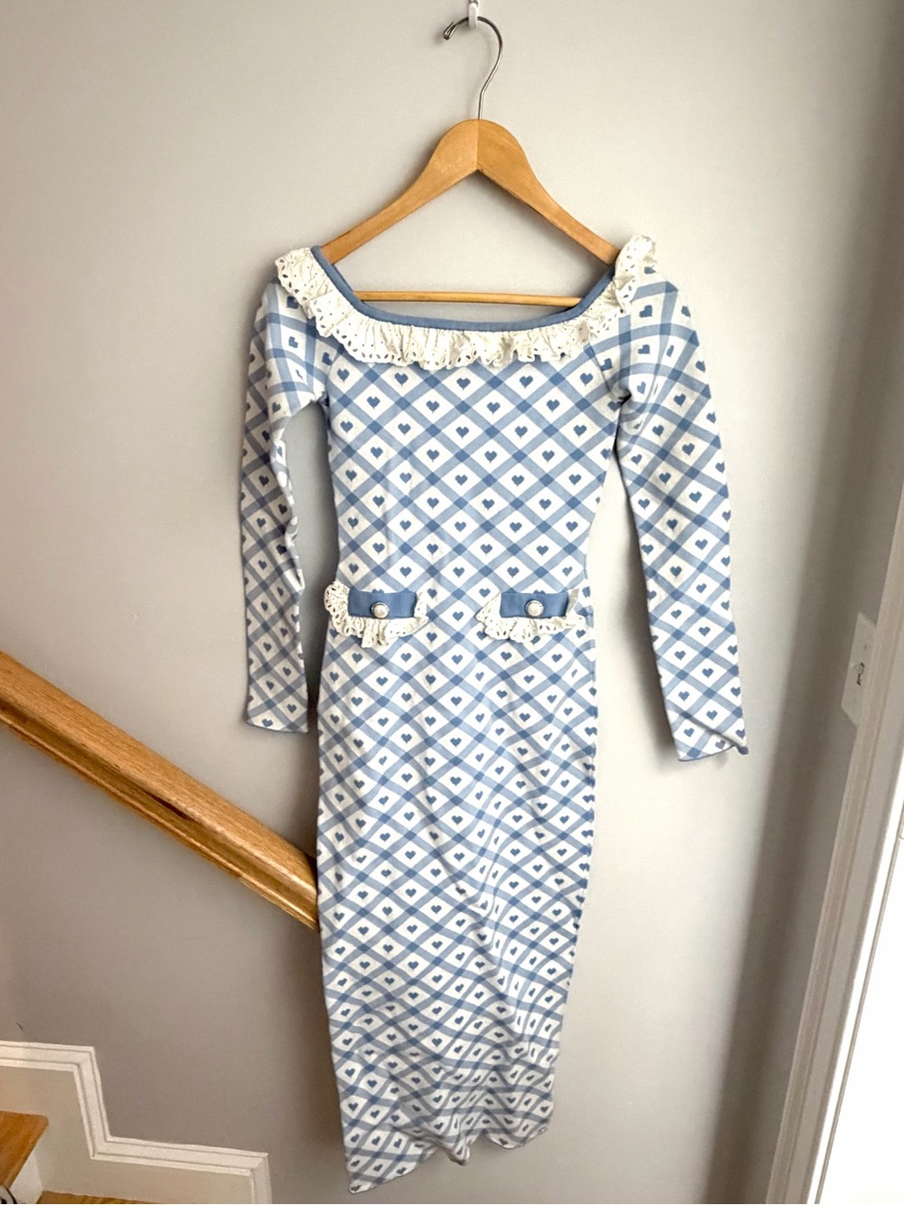 Alessandra Rich Blue and White Diamond Heart Long Sleeve Dress with Lace Trim